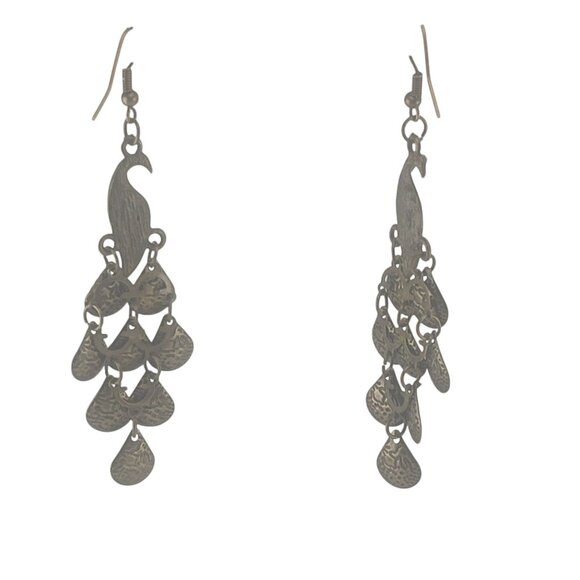 Antique-Style Bronze Peacock Dangle Earrings With Green Gem Accents 2.5" - Picture 4 of 6